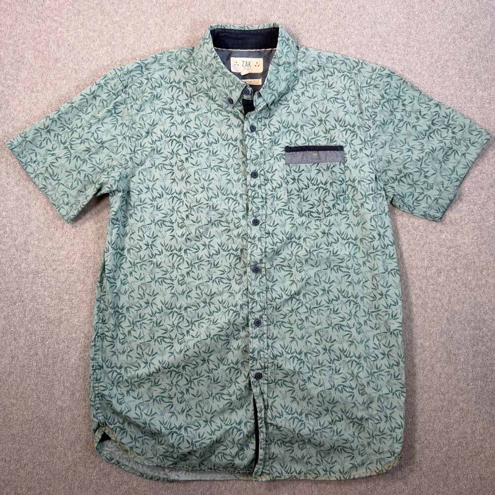 ZAK Los Angeles Men's Large Slim Fit Button Down Shirt Green Leaf Short Sleeve
